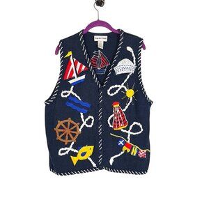 Retro Coastal Knit Sweater Vest Blue‎ 1X Nautical Preppy Colorful